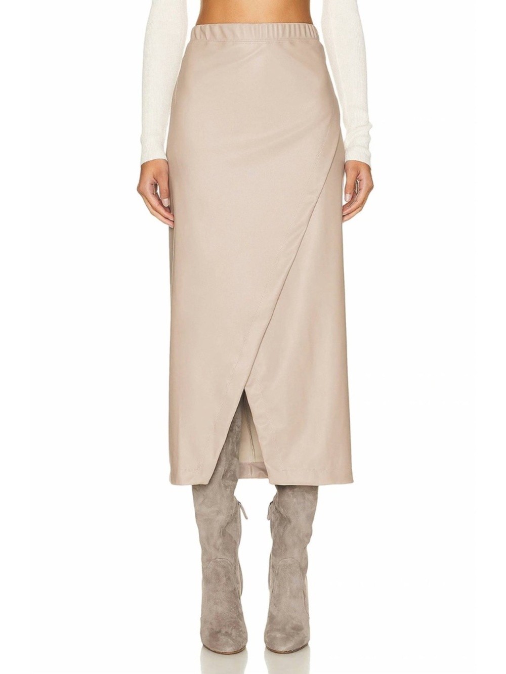 Enza Costa | PUTTY Women's Size 1 Beige Leather Wrap Skirt Midi Elastic Waist